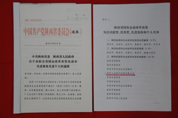 2009年2月，被陜西省委、省政府授予陜西省國有企業(yè)改革攻堅(jiān)先進(jìn)集體